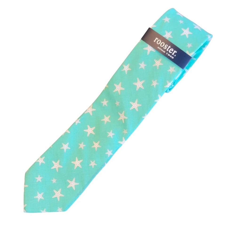 NWT‎ Rooster 100% Cotton Necktie Tie Mint Green White Starfish Beach Preppy